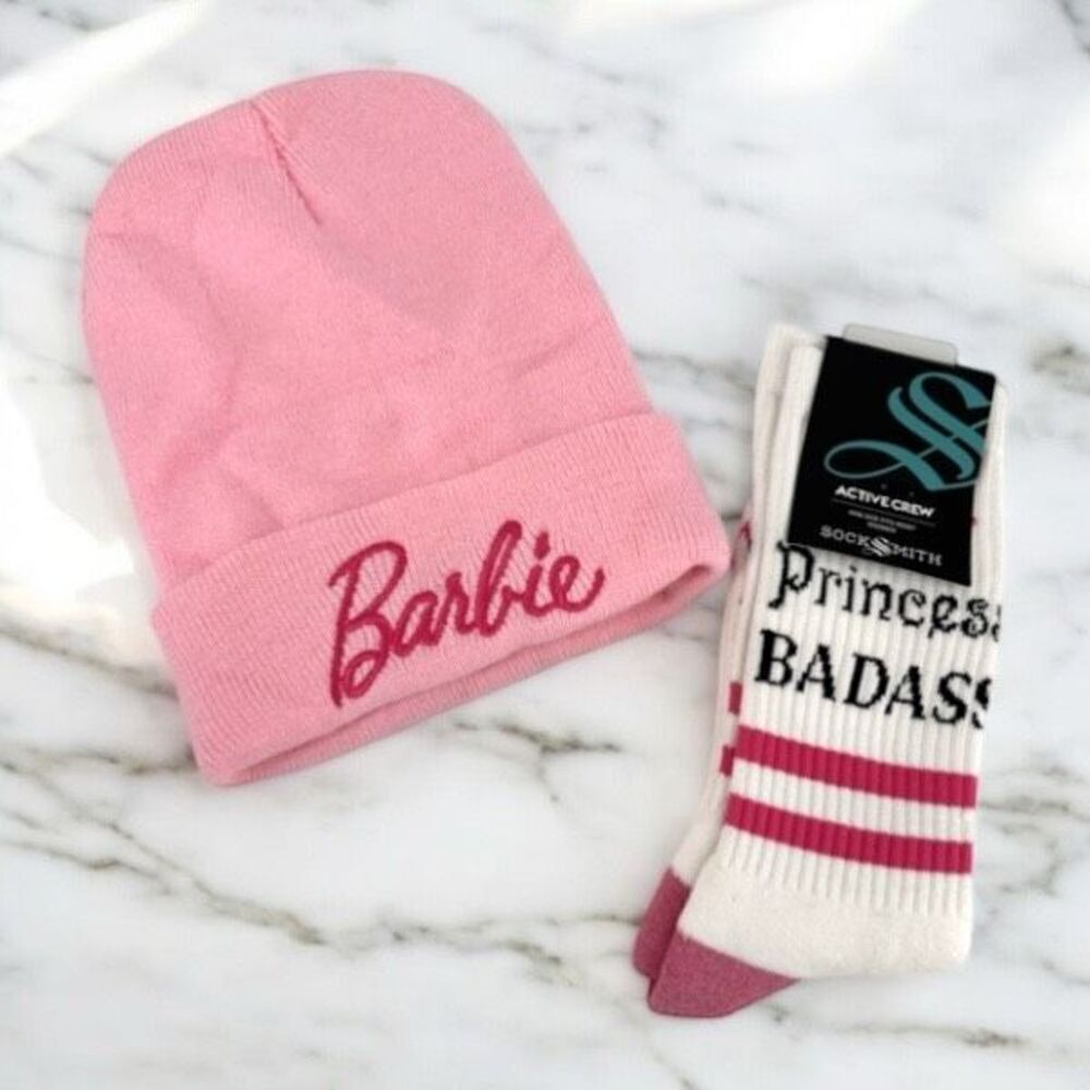 NWT Barbie beanie & Socksmith Princess Badass Tall Gym Socks Crew Length Pink